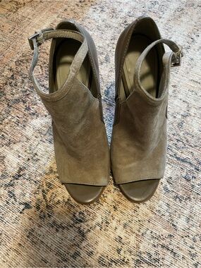 Pour La Victoire Taupe Suede Open-Toe Ankle Heels